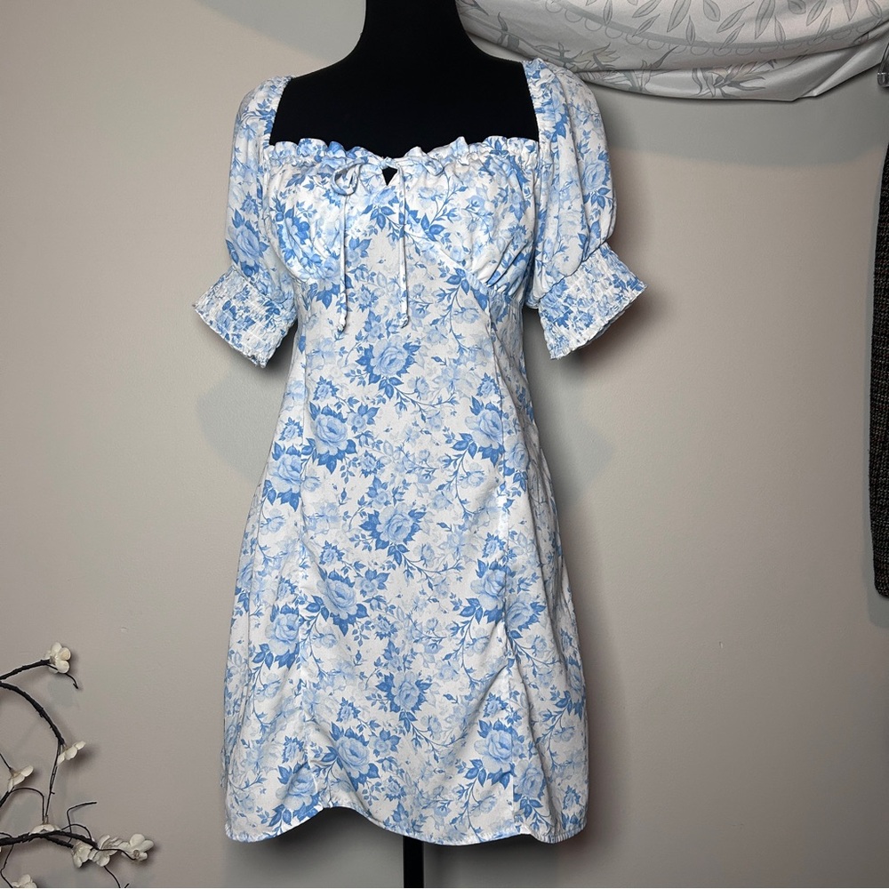 Blue Floral Puff Sleeve Dress Cottagecore Empire Waist Mini Dress Small